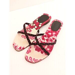 Escada Flat Sandals  Blk Leather Straps Hot Pink Floral Fabric Insole 39 US 8.5